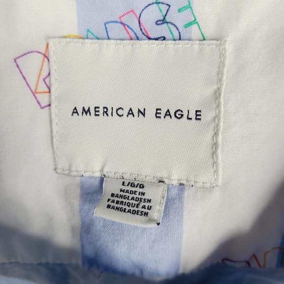 American Eagle Shirt Men's Large White Blue Striped Paradise Colorful Button Up - Picture 4 of 11